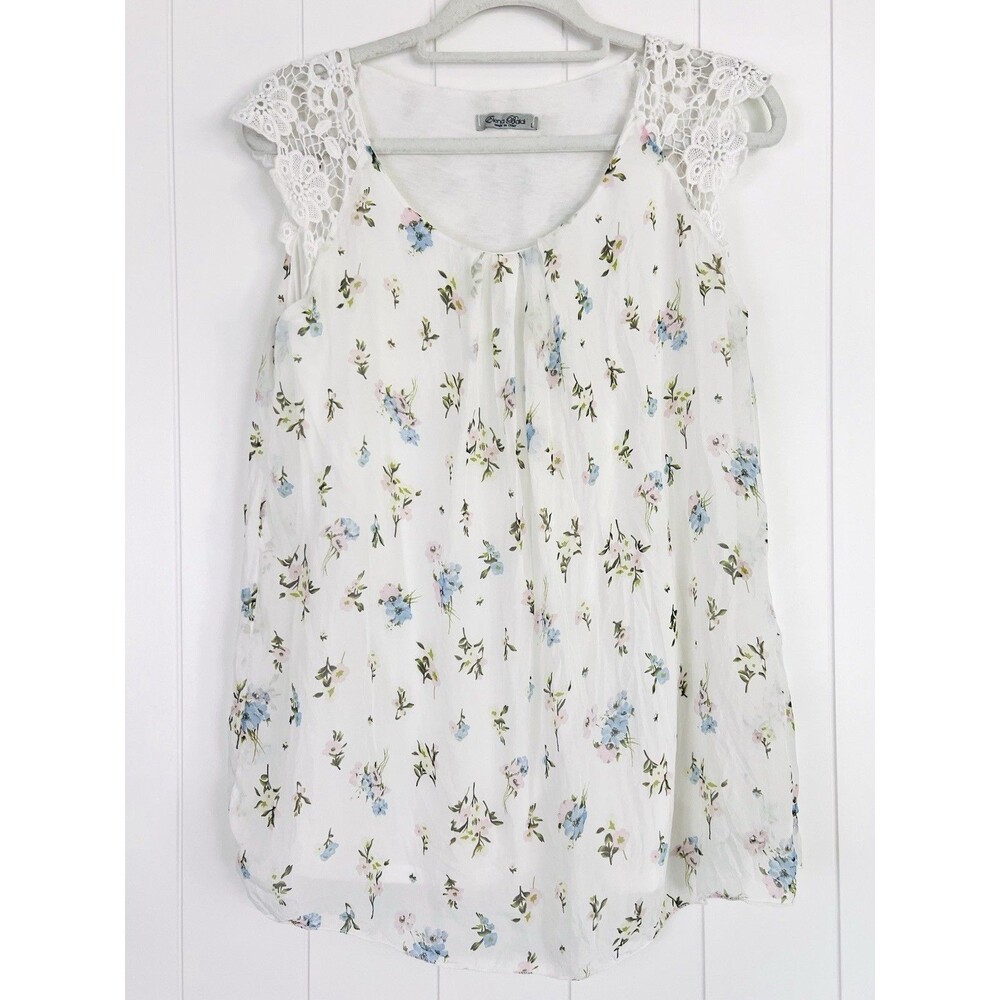 Elena Baldi 100% Silk Soft Floral Dainty Flowy Lace Trim Blouse Romantic Italy L